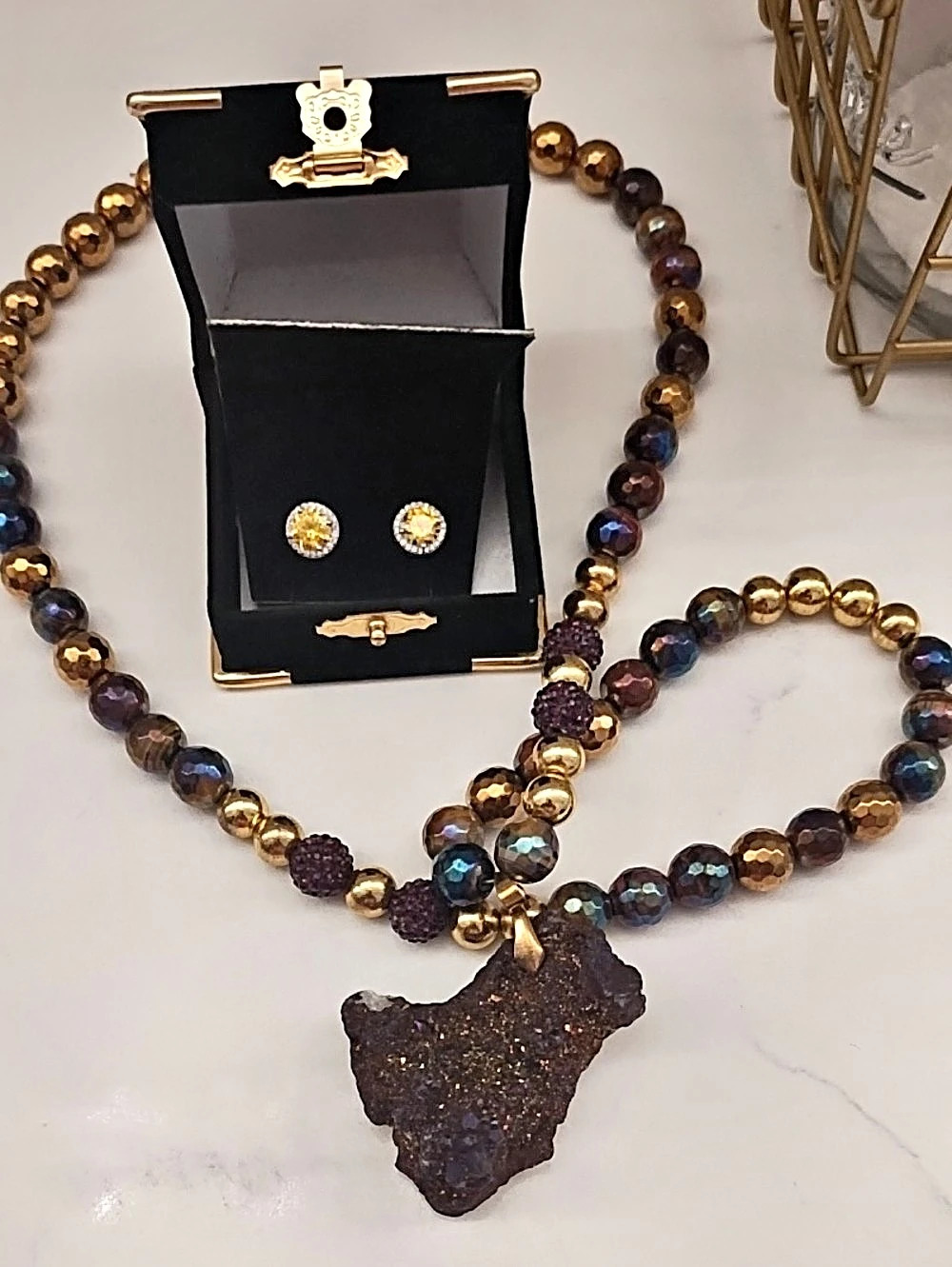 Gold & Brown Earrings with Beaded Necklace